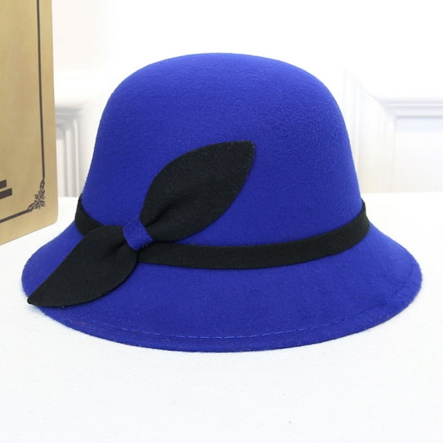 Women Faux Wool Bucket Hats Fashion Bowler Cap With Bowknot