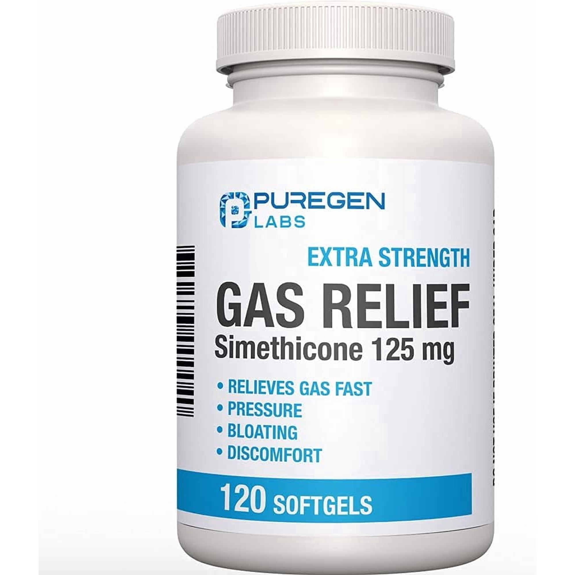 Puregen Labs Simethicone 125 mg Gas Relief Softgels for Pressure, Bloating, Discomfort - 120 Softgels