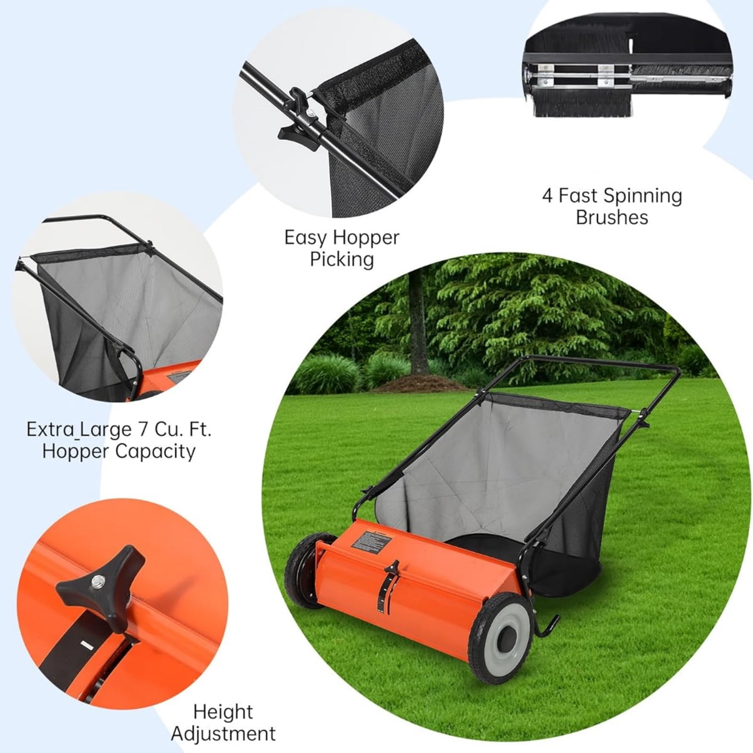 Riedhoff 26" Push Lawn Sweeper,4 Spinning Brushes, 7 Cu. Ft Capacity Collection Bag, Adjustable Height, Orange