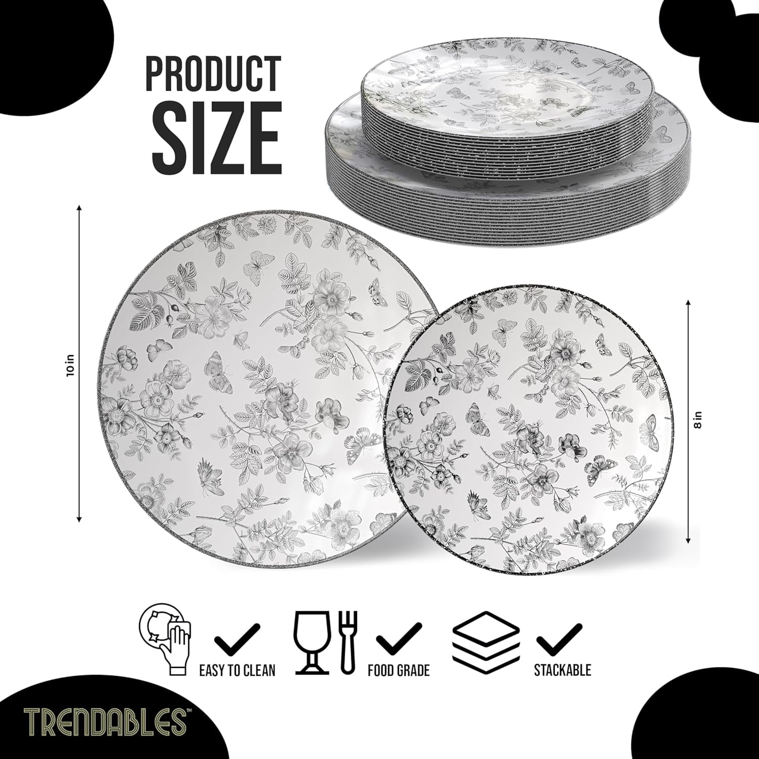 Trendables Disposable Plates For Party Supplies | Black Floral Plastic Plates For Wedding 80 Pcs - 40 X 8 & 40 X 10 Dinner Plate Sets | Floral Plate Set Disposable Plastic Dinnerware Sets