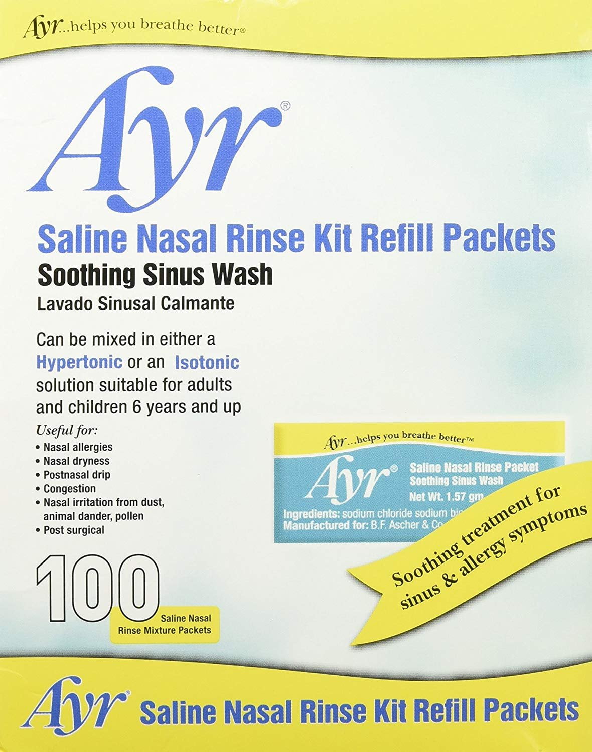 Ayr Saline Nasal Rinse Kit Refill, Soothe Sinus & Allergy Treatment, 100 ct