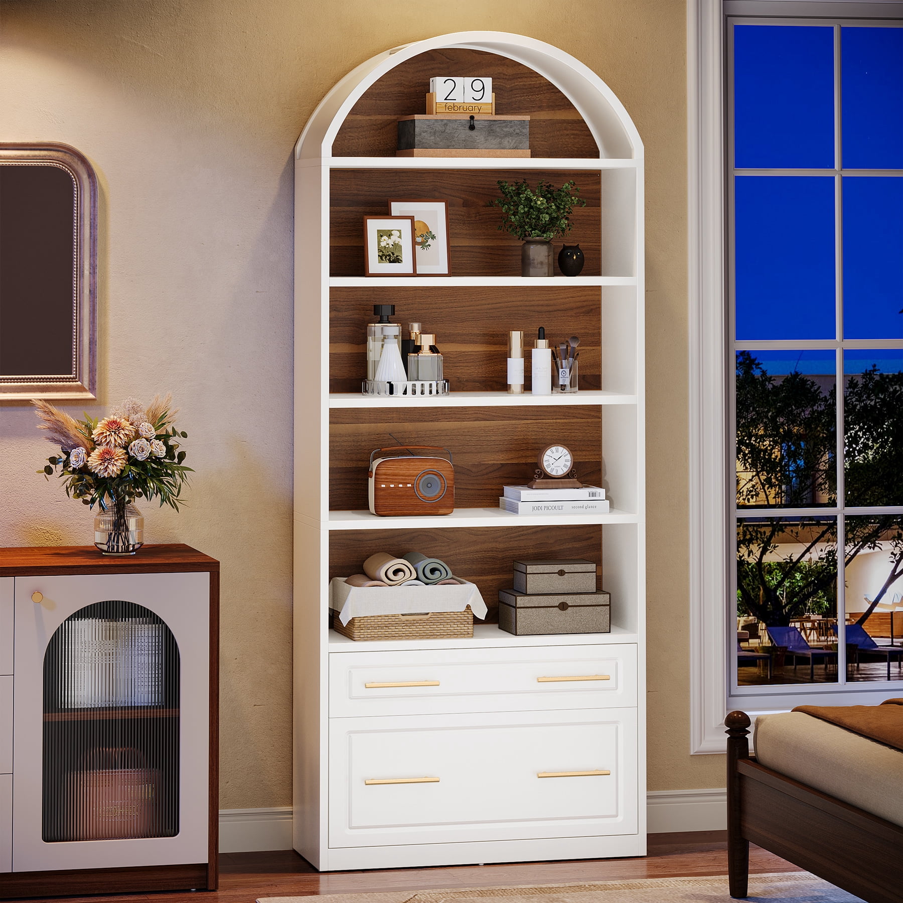 Finmind 77" Tall Arched Bookcase Set of 2, 5-Tier Modern White Bookshelf with File Cabinet Drawer