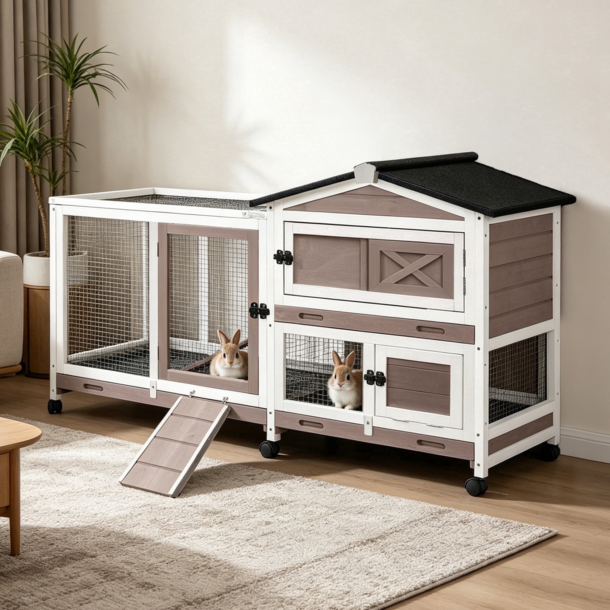 MEDEHOO 55″ 2-Story Large Rabbit Hutch Indoor Bunny Cage Outdoor Rabbit Cage with Wheels, Leakproof Trays, Weatherproof Roof for Rabbits & Guinea Pigs