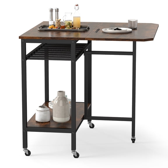 Gymax Folding Dining Table Movable Kitchen Table w/ Wine Rack Storage Shelf & Wheels