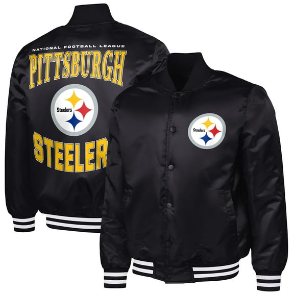 Men's G-III Sports by Carl Banks Black Pittsburgh Steelers Adaptive Team Graphic Satin Full-Snap Varsity Jacket