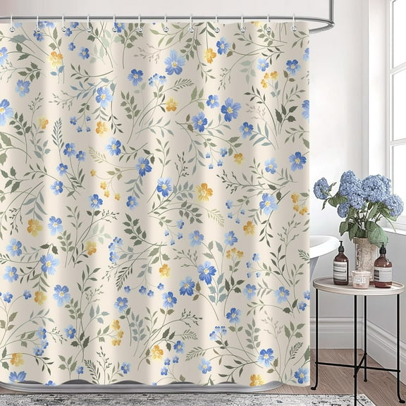Blue Yellow Wildflower Shower Curtain, Cute Boho Country Floral Green Leaf Plant Botanical Bath Curtain, 72x72 in Polyester Fabric Waterproof Bathroom Decor with 12 Hook