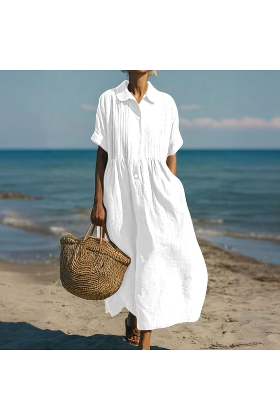 Women's Cotton Linen Boho Dreeses Summer Plus Size Lapel Button Down Short Sleeve Maxi Dress Casual Solid Oversized Loose Comfy Beach Vacation Dresses