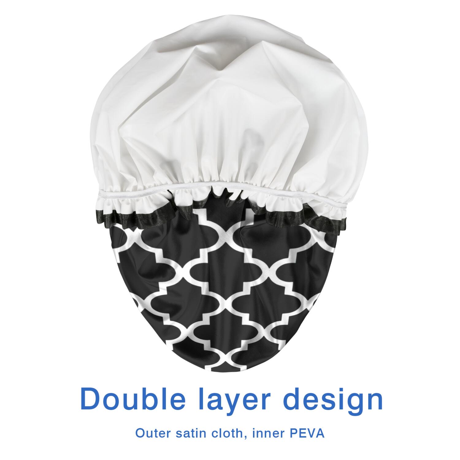 Shower Caps,Black and White Geometric Lattice Pattern Waterproof Shower Cap for Women 4 Pieces,Double Reusable Hair Cover for Shower PEVA Elastic Stretch Hem