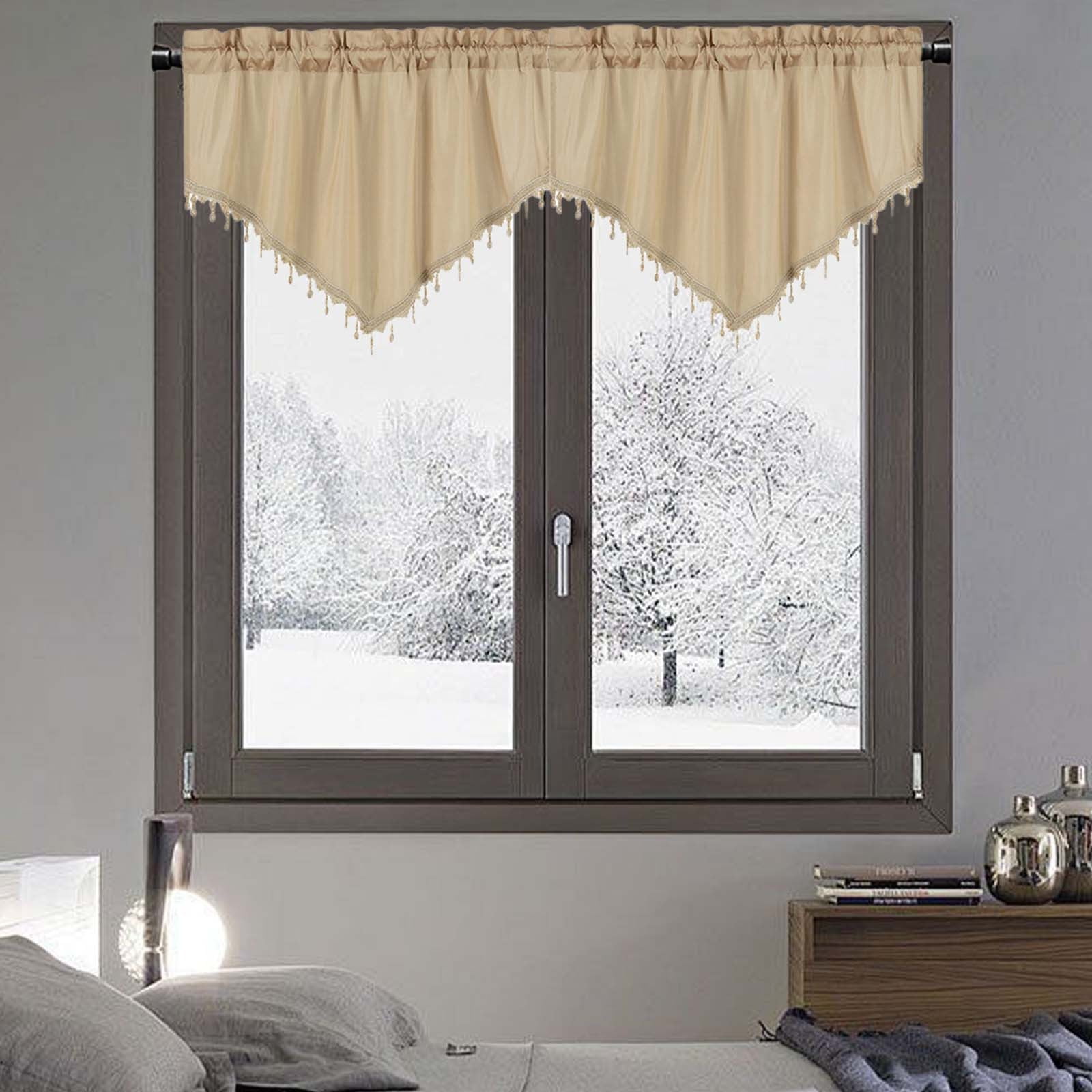 Beaded Triangle Sheer Valance Curtains for Living Room, Rod Pocket Farm Window Valance, Bead Trim Tassel Voile Sheer Curtain Valance for Bedroom Bathroom Cafe