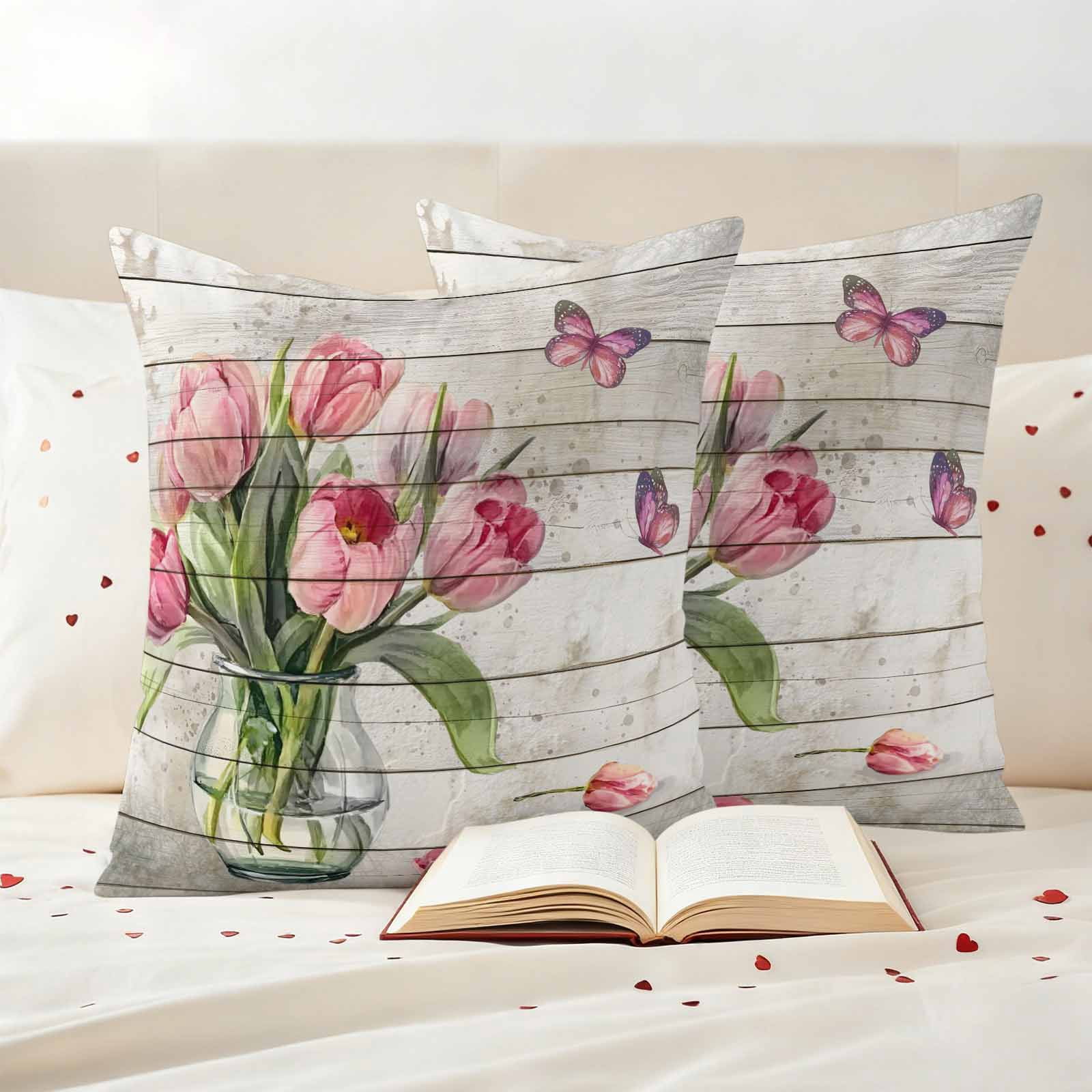 Pink Tulip Outdoor Waterproof Pillow Covers, Vintage Spring Floral Retro Art Butterfly Wooden Decorative Square Throw Pillowcase Sofa Cushion Sham for Patio/Couch/Chair, 24"x24" 2 Pack