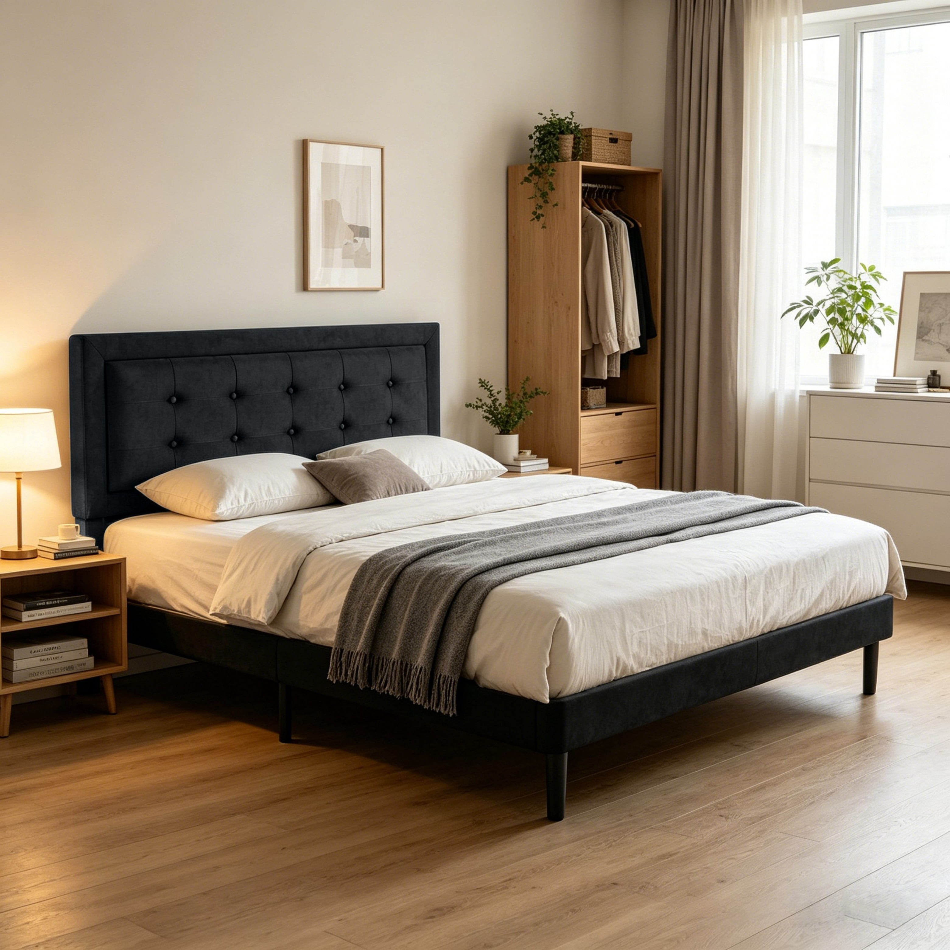 BSHTI Full Size Platform Bed Frame with Square Tufted Upholstered Headboard – Solid Wood Frame, 10 Wood Slats, Center Support Leg, Under-Bed Clearance, No Box Spring Needed, Black