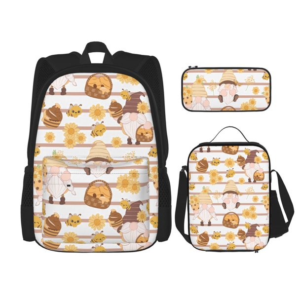 Easygdp Cute Bee Gnome Mochila para Niños y Niñas con Set de Caja de Almuerzo y Estuche para Lápices 3 en 1, Mochila Escolar Estampada para Adolescentes