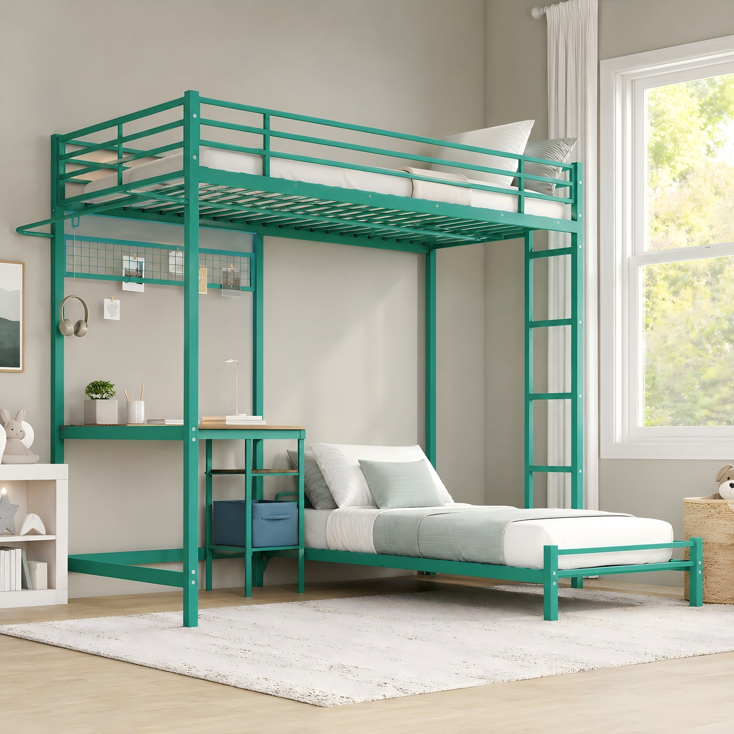 Aukfa Twin over Twin Bunk Bed with Desk, LED Light & Storage Shelves, L-Shaped Metal Bunk Bed for Teens & Kids, Green