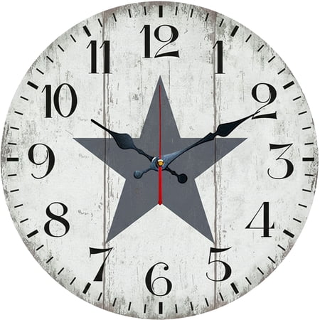 Hoease 10 Inch Silent Wall Clock, Distressed White Wood Gray Star Decorative Wall Clock, Battery Operated Non-Ticking Round Clock for Living Room Bedroom Farmhouse Home Decor
