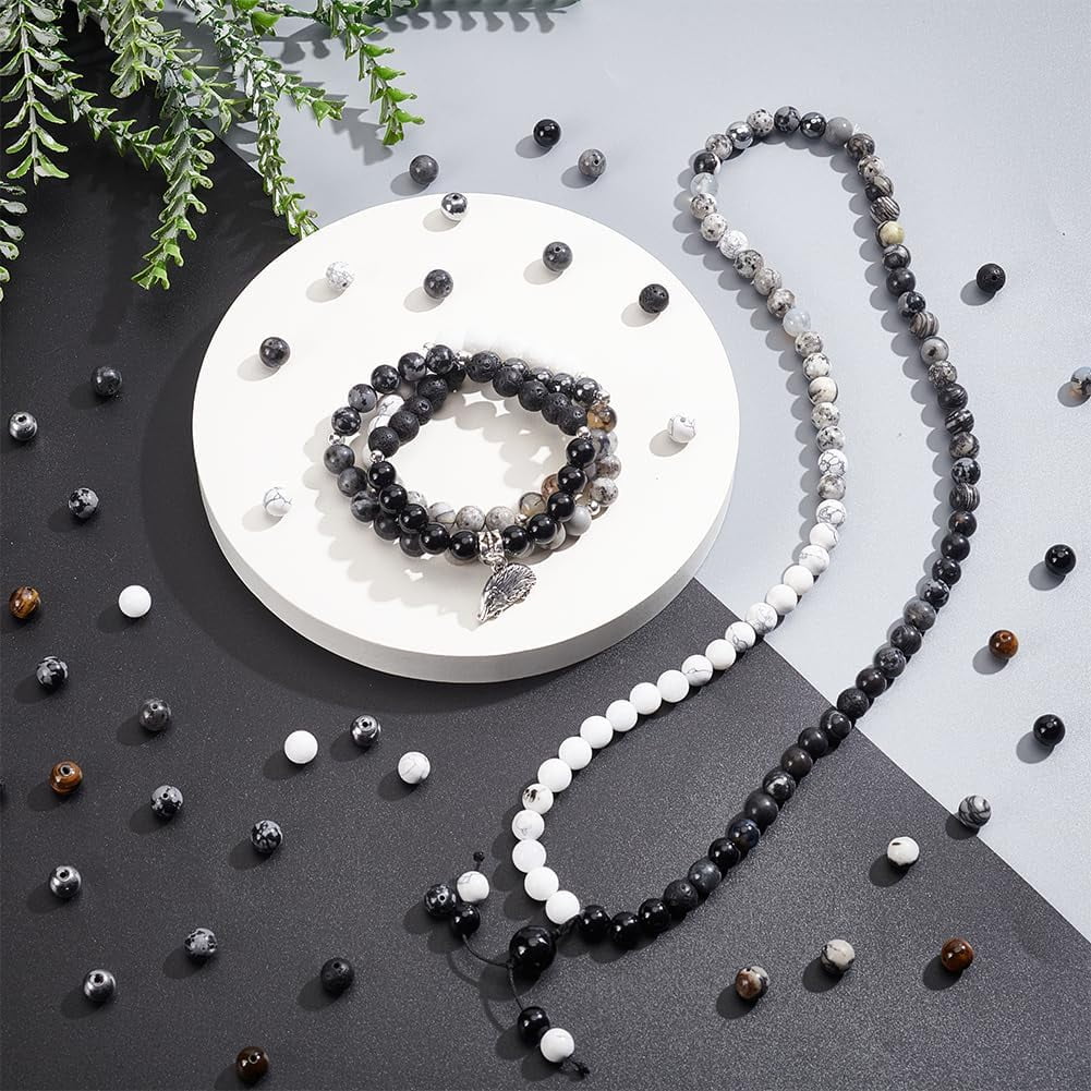 300PCS Round Black White Stone Beads 8mm Marble Loose Beads Gemstone Beads for Friendship Bracelet Earring Necklace Jewelry Making Eid Mubarak Ramadan Decoration