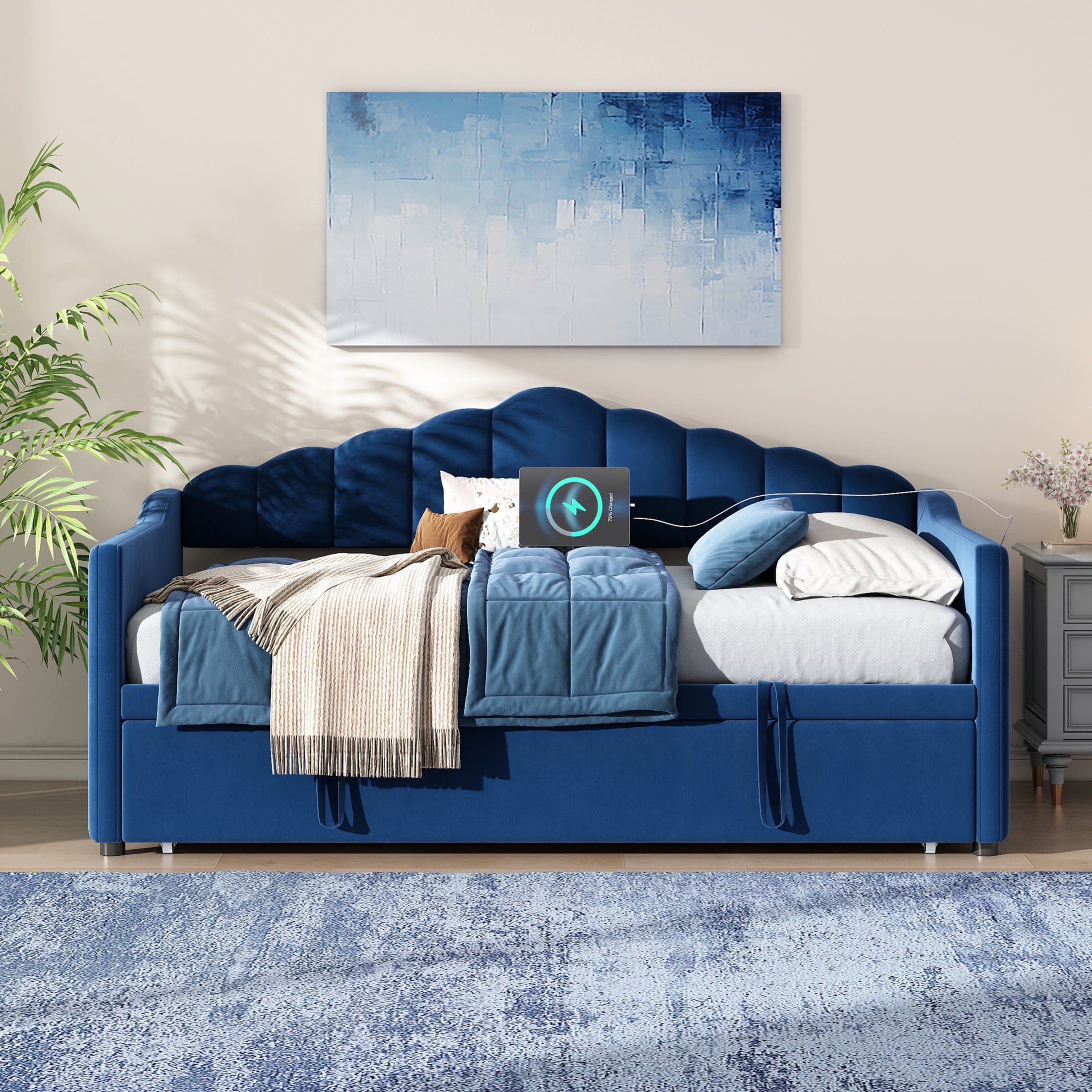 Noble House Twin Upholstered Daybed with Pop-Up Trundle, USB and Type-C Charging Ports, Blue