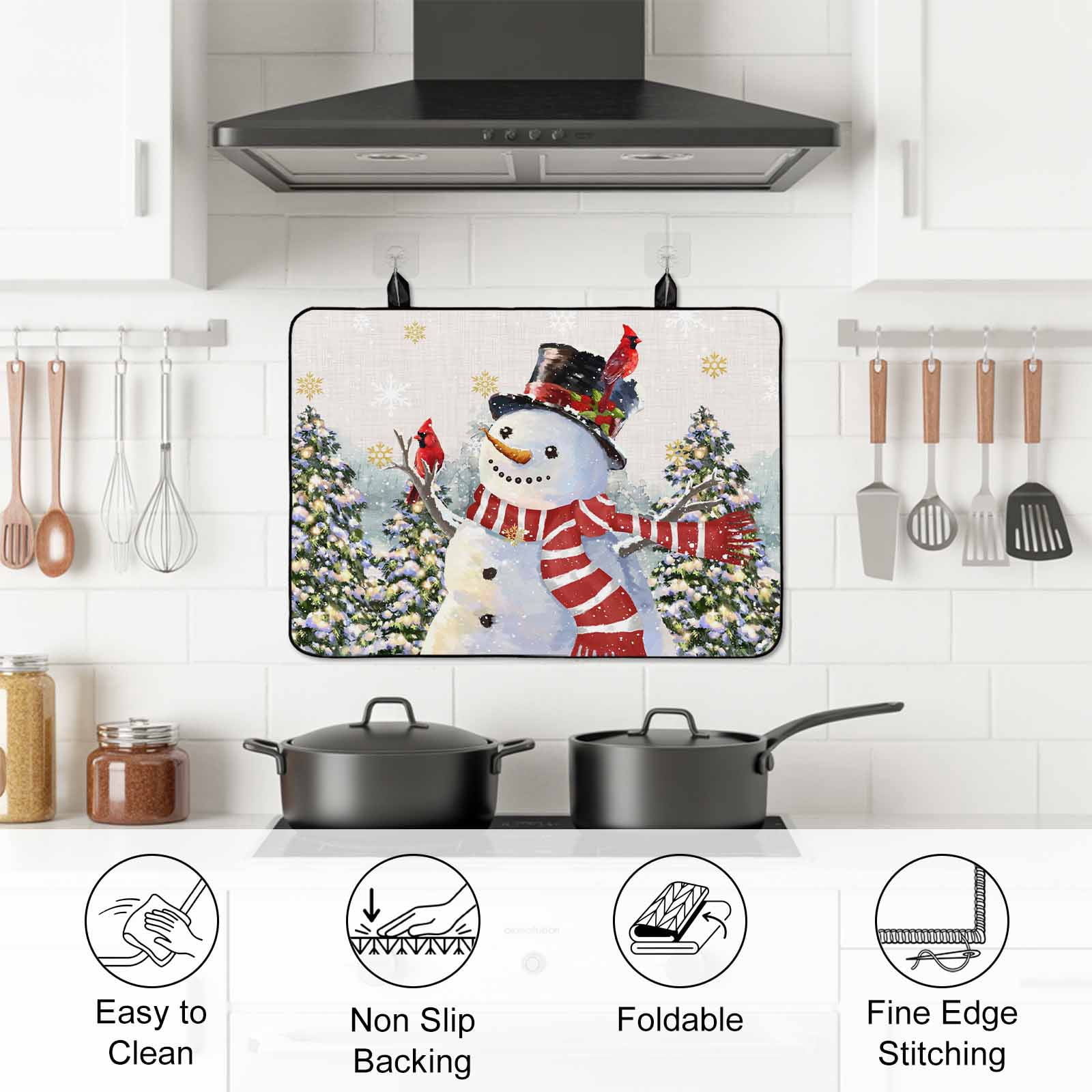Beige Burlap Snowman Stove Top Cover for Electric Stove, Heat-proof & Non Slip Glass Top Stove Cover Protector, Christmas Tree Snowflake Winter Kitchen Flat Cooktop Rubber Mat 24x21 Inches