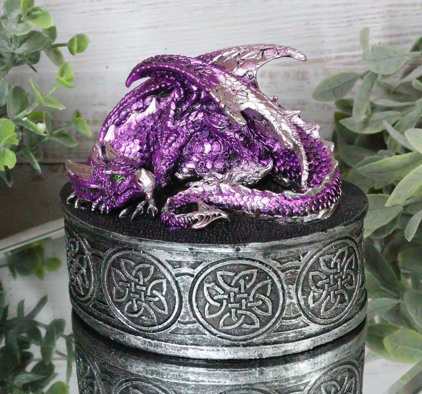 Sleeping Purple Dragon Oval Trinket Jewelry Box Figurine With Celtic Knotwork