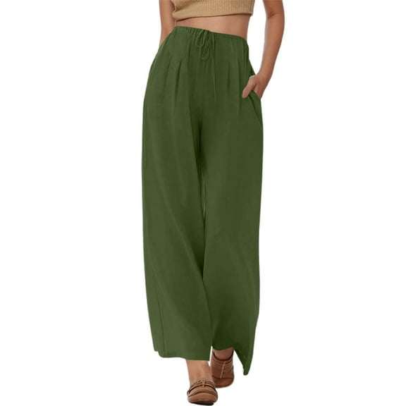 Krdevn Womens Pants - Women's High Waisted Drawstring Linen Wide Leg Beach Pants with Pockets Comfortable Casual Loose Fit Trousers for Vacation Travel ,Pants for Women,Size:XXL