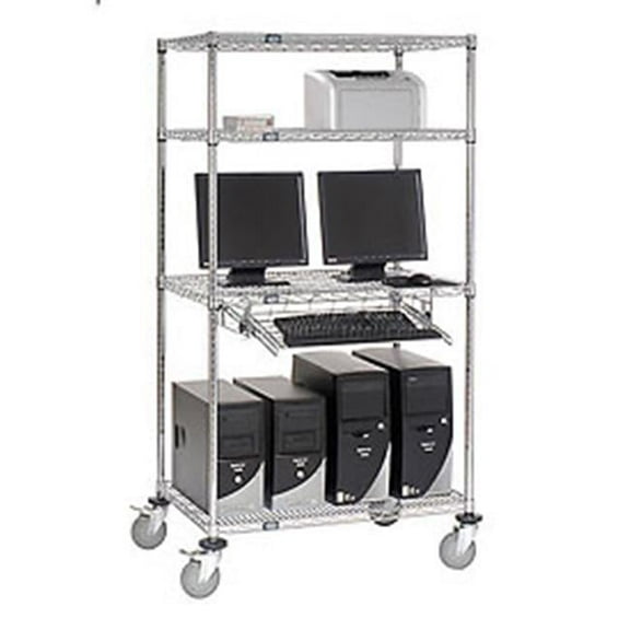 Nexel 250115 4-Shelf Mobile Wire Computer LAN Workstation with Keyboard Tray, Chrome - 36 x 24 x 69 in.