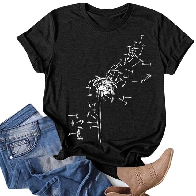 T-shirts d'Été pour Femmes à Col Rond, T-Shirt Imprimé Pissenlit, T-Shirt Décontracté à Manches Courtes, Hauts pour Femmes, Chemisiers, Chandail