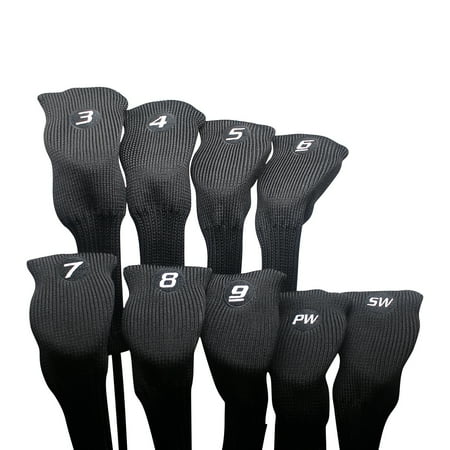 Majek All Hybrid Golf Club Black Headcover Set 3-SW. Neoprene Acrylic Head Covers 3 4 5 6 7 8 9 PW