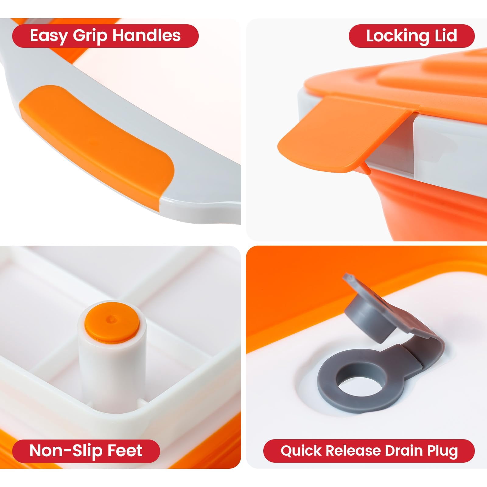 Collapsible BBQ Prep Tub 16L ,for Meal Prep, Marinating, Food Storage,Dish Basin for Kitchen,  - Includes Cutting Board Lid - Orange