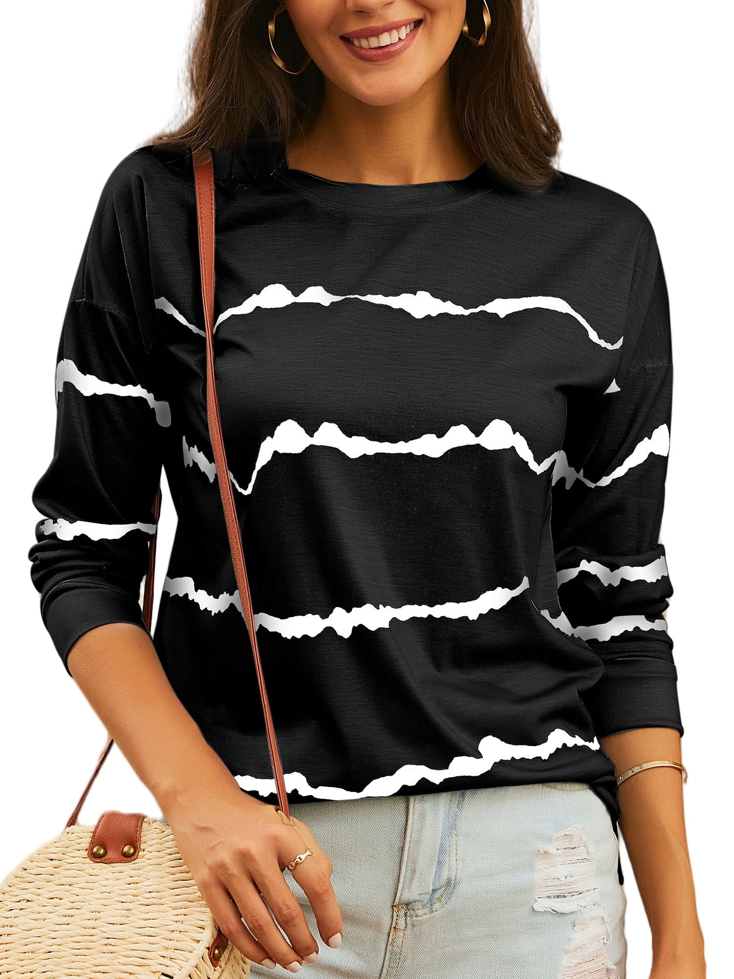 Womens Plus Size Tops Irregular Shirt Long Sleeve Sweatshirt Pullovers Casual Loose Printed Side Split Tunics Shirts 