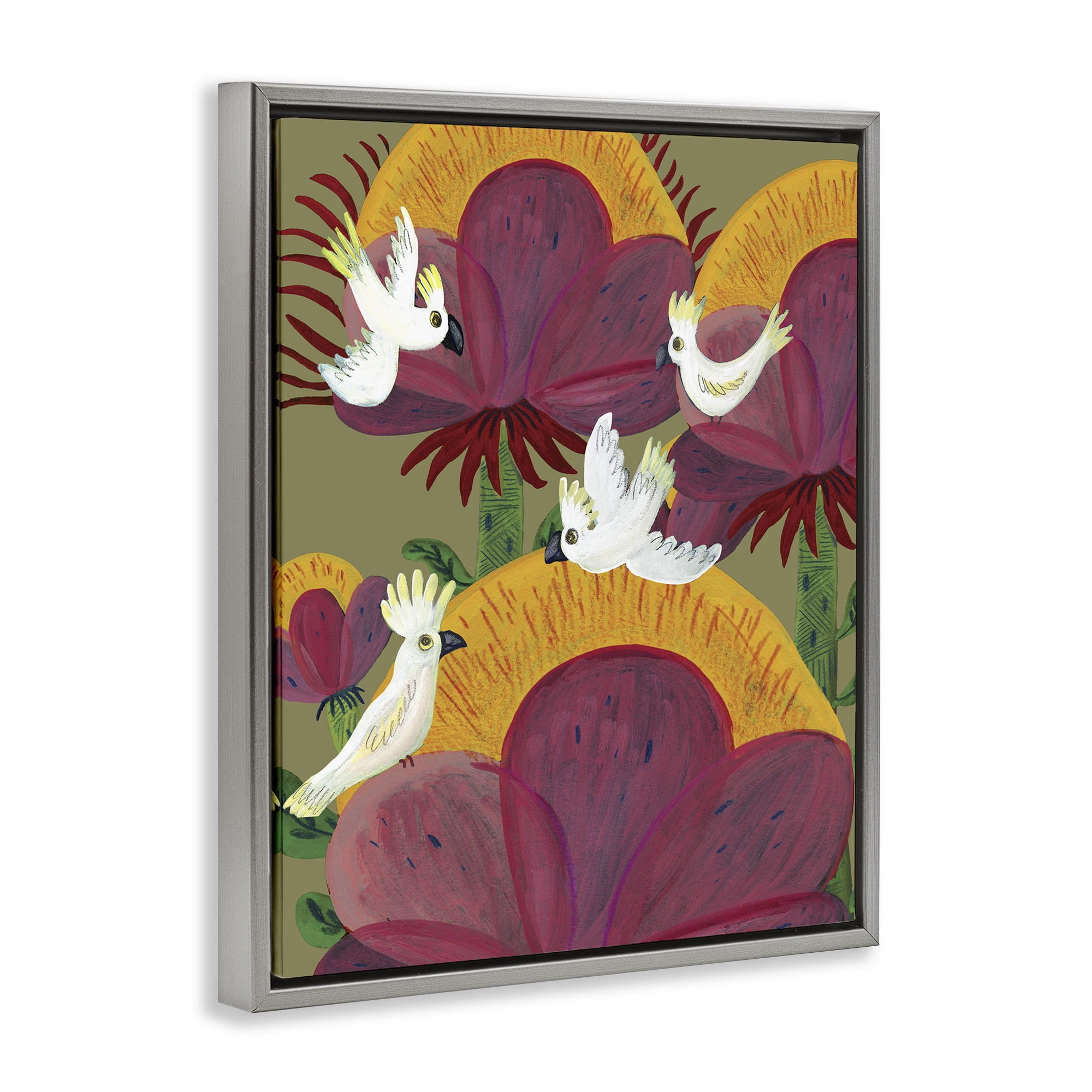 Stupell Industries Tropical Cockatoos & Plants Gray Framed Floater Canvas Wall Art, design by Kay Widdowson
