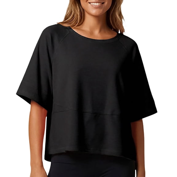 Basic Oversized Cropped T Shirts for Women Boxy Tee Shirts for Women Plus Size Workout Athletic Crop Tops Drop Shoulder Round Neck Half Sleeve Loose Fit Top Trendy Cute Flowy Tee Shirts Black L