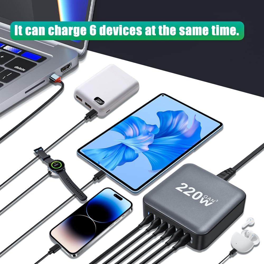 AUBEAMTO 220W GaN III 6Ports USB C Fast Charging Station Hub Block Portable Wall PD Charger Power Adapter 100W for MacBook iPhone Samsung