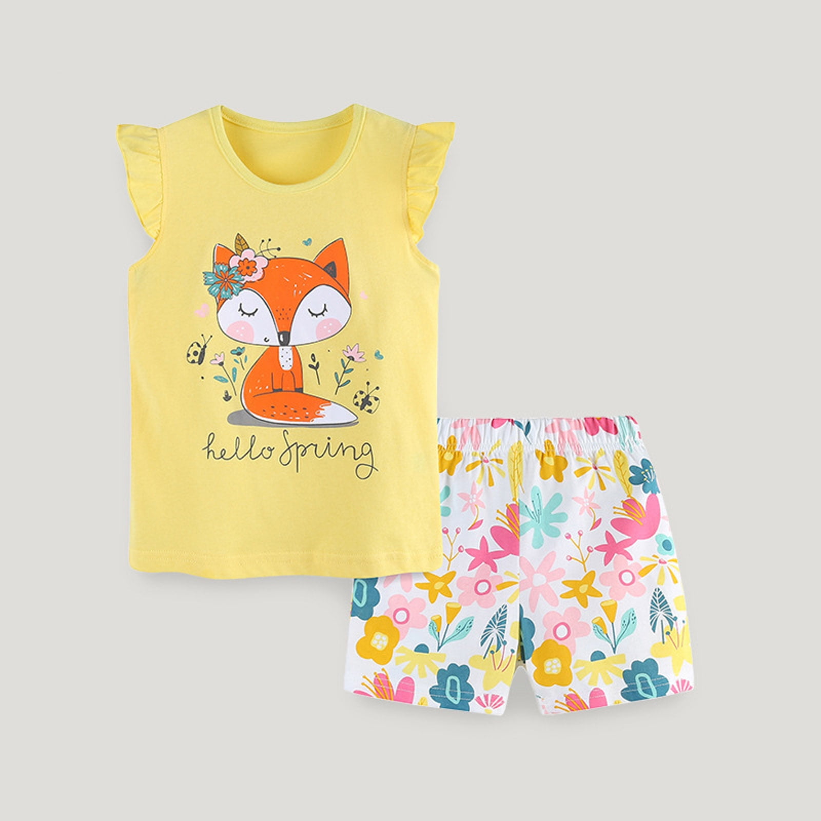 Dakiuu 1-6 Years Baby Toddler Girls Summer Clothes Cotton Ruffled Sleeveless Tank Top + Allover Plaid Floral Print Shorts Cute Vest Shirt 2 Pieces Clothing Outfit Set for Kids