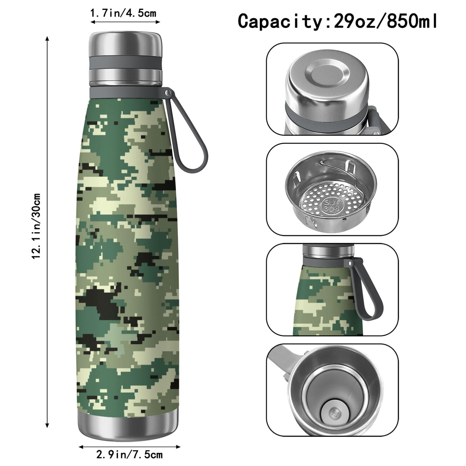 29oz Insulated Water Bottle with Tea Infuser, Stainless Steel Travel Mug, Camouflage Print