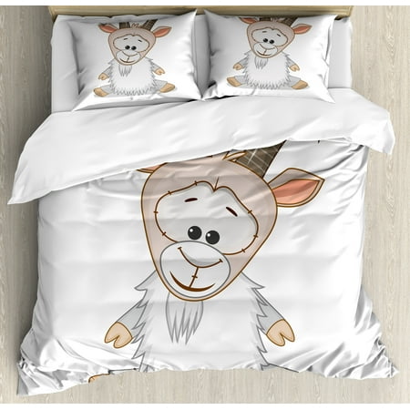Goat Duvet Cover Set King Size, Baby Ibex with Small Hooves Sitting on the Ground in a Cheerful Mood Childish Cartoon, Decorative 3 Piece Bedding Set with 2 Pillow Shams, Multicolor, by