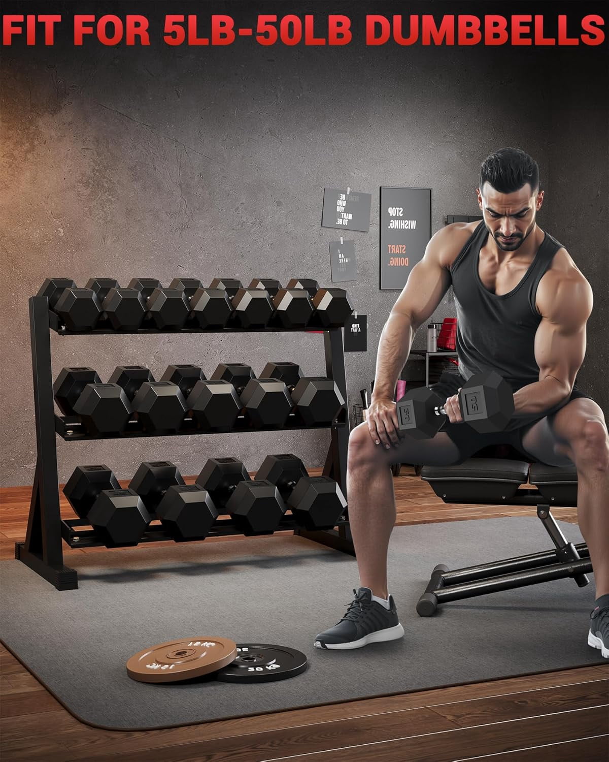 Heavy Duty 3-Tier Dumbbell Rack for Home Gym – Steel Weight Storage Stand, Angled Non-Slip Shelves, Rubber Guard, Holds 5/6 Hex Dumbbell Pairs, 480/800/1000 LB Capacity, Black
