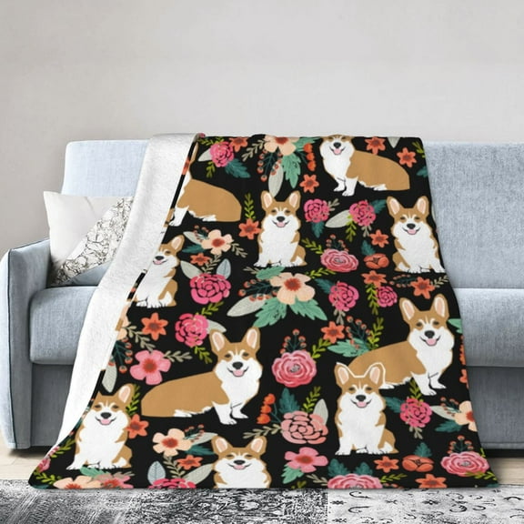 Corgi Dog Floral Flower Blanket Gifts For Kids Adults - Lightweight Throw Blanket For Bedroom Living Room Decor Soft Fuzzy Fleece Cozy Plush Bed Couch 50"X40"