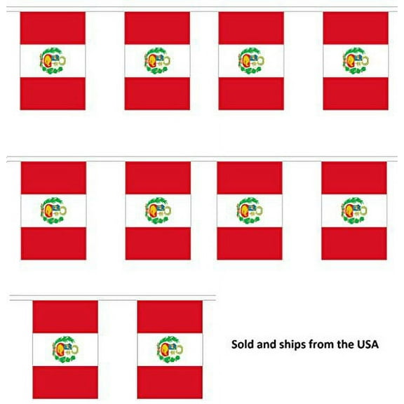 30' Peru String Flag Party Bunting Has 30 Peruvian 6"x9" Polyester Banner Flags Attached, Popular For School Classroom, Special Events, Bars, Restaurants, Country Theme Parties