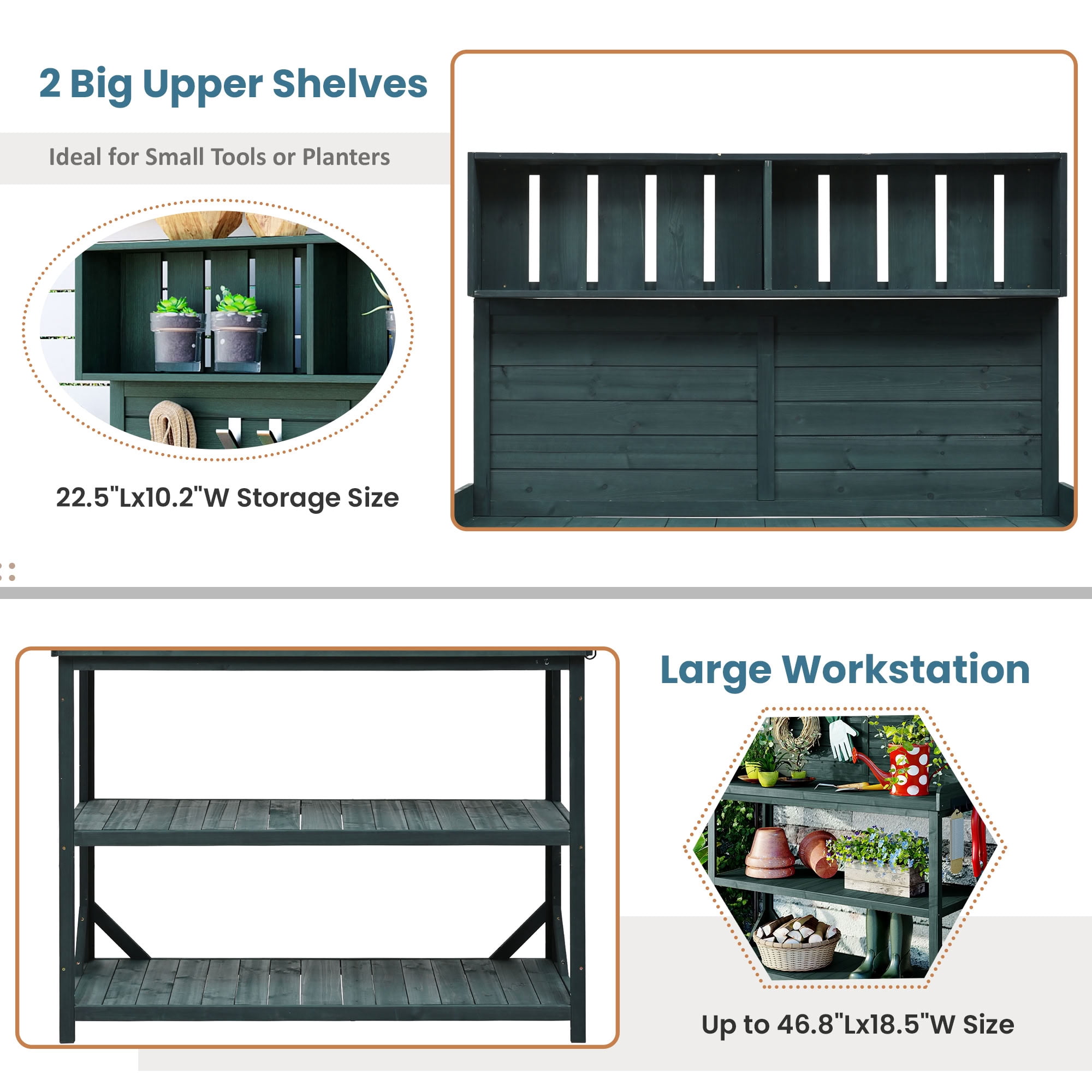 MAYEERTY 65" Tall Outdoor Wood Potting Bench, Farmhouse Garden Workstation with 4-Tier Storage Shelves, Side Hooks & Anti-Falling Safety Device for Patio, Backyard, Lawn