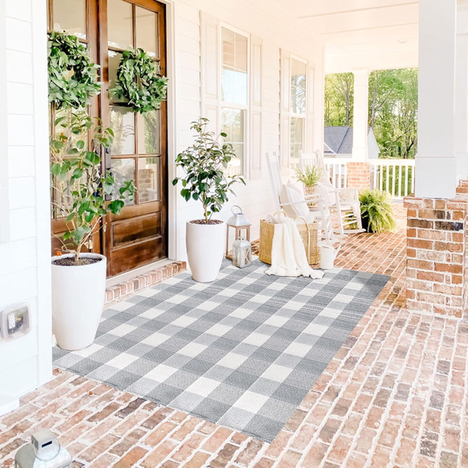 AllWays Plaza Cotton Buffalo Plaid Rug 4'x6' Gray and White Checked Rug Washable Doormats Indoor Outdoor Rugs for Layered Front Door Mats, Porch, Kitchen, Farmhouse, Entryway