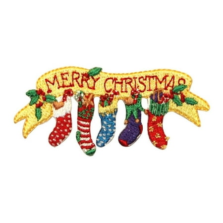 - ID 8058 Merry Christmas Stockings Patch Mantle Sock Embroidered Iron On Applique