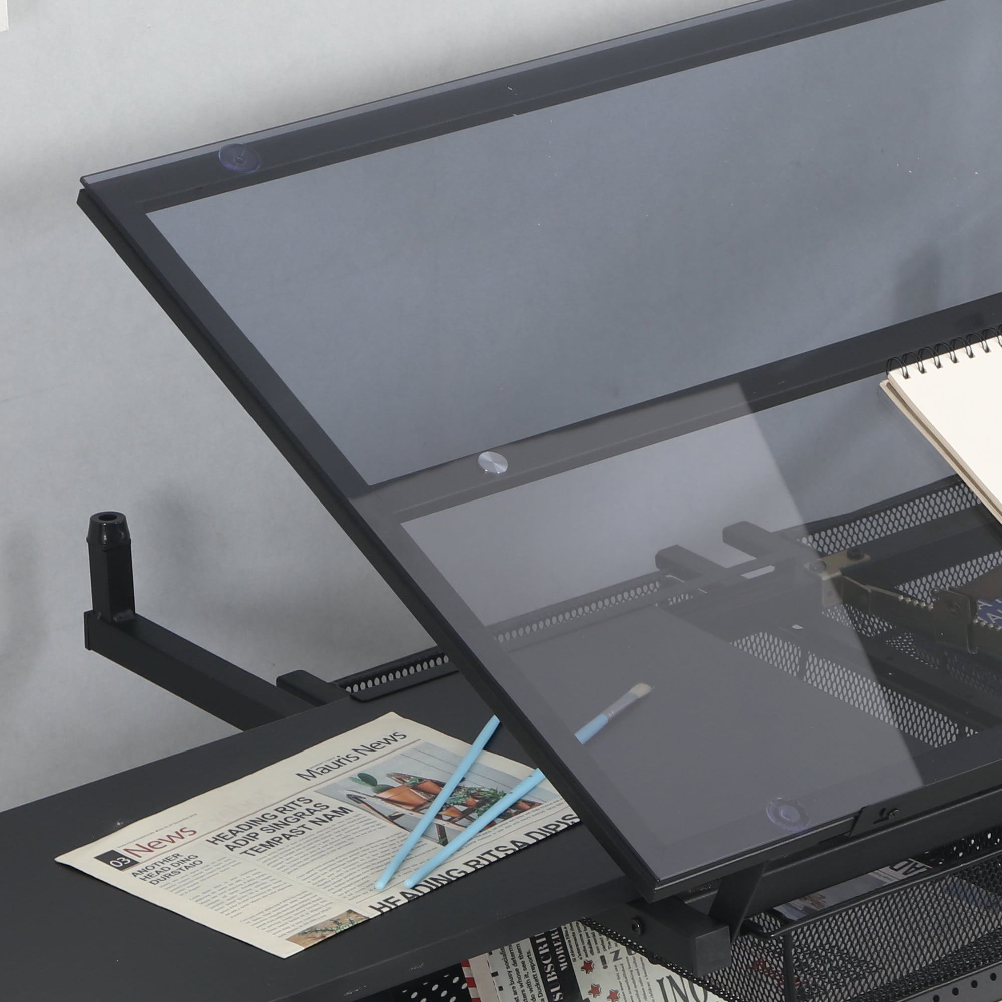 Adjustable Tempered Glass Drafting Table with Hand Crank and Chair, Height-Adjustable Drawing Desk and Art Studio Workstation with Storage, Black