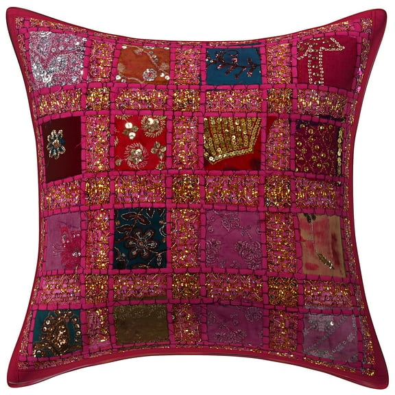 Stylo Culture Indian Couch Throw Pillow Cover 16 x 16 Patchwork Embroidered Pink Sequins 40 x 40 cm Home Decor Cotton Geometric Square Cushion Cover | 1 Pc