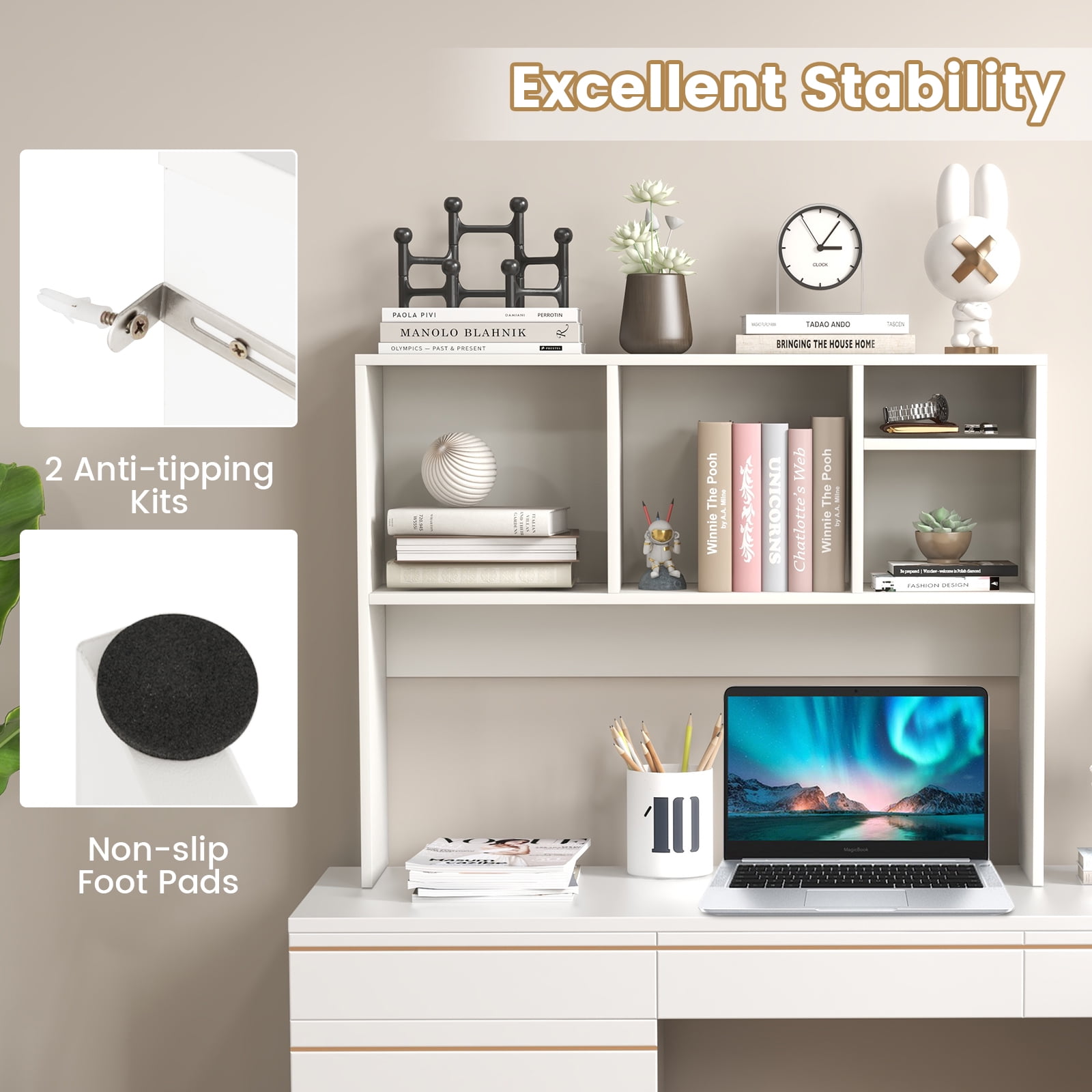 Giantex Desk Hutch, 2-Tier Desktop Organizer Shelf for Computer Desk, Wide Wooden Table Top Bookshelf, Countertop Storage Rack, White