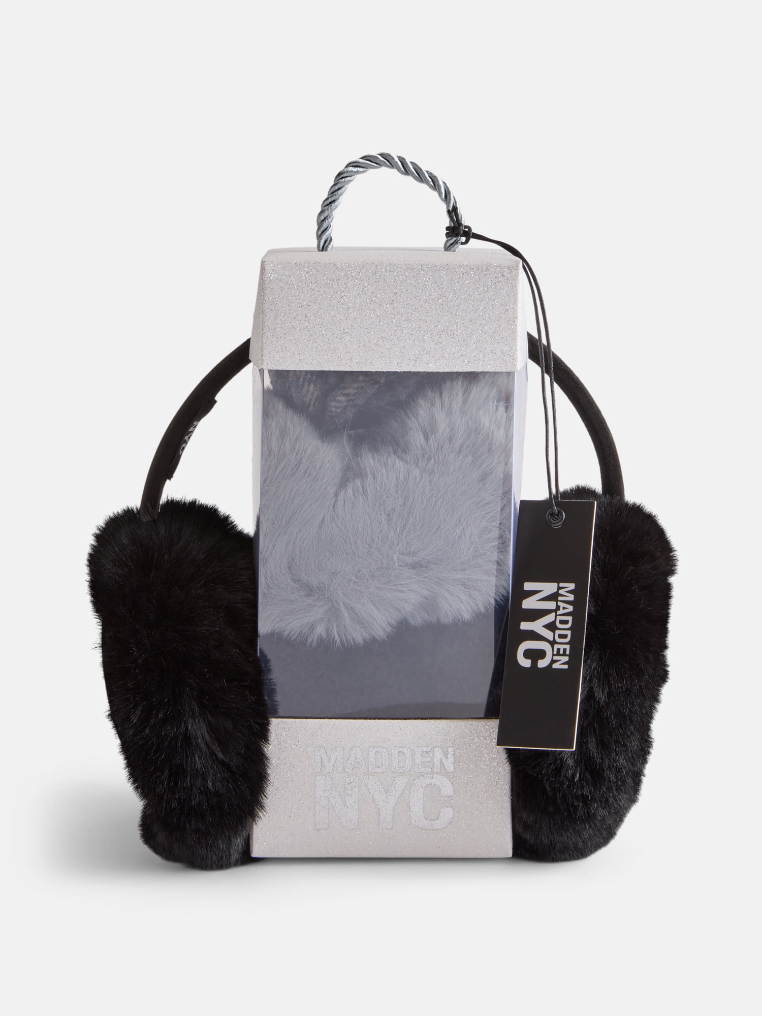 Justice Girls Velvet Sequin Bow Faux Fur Earmuff and Flip Top Glove Set, Black