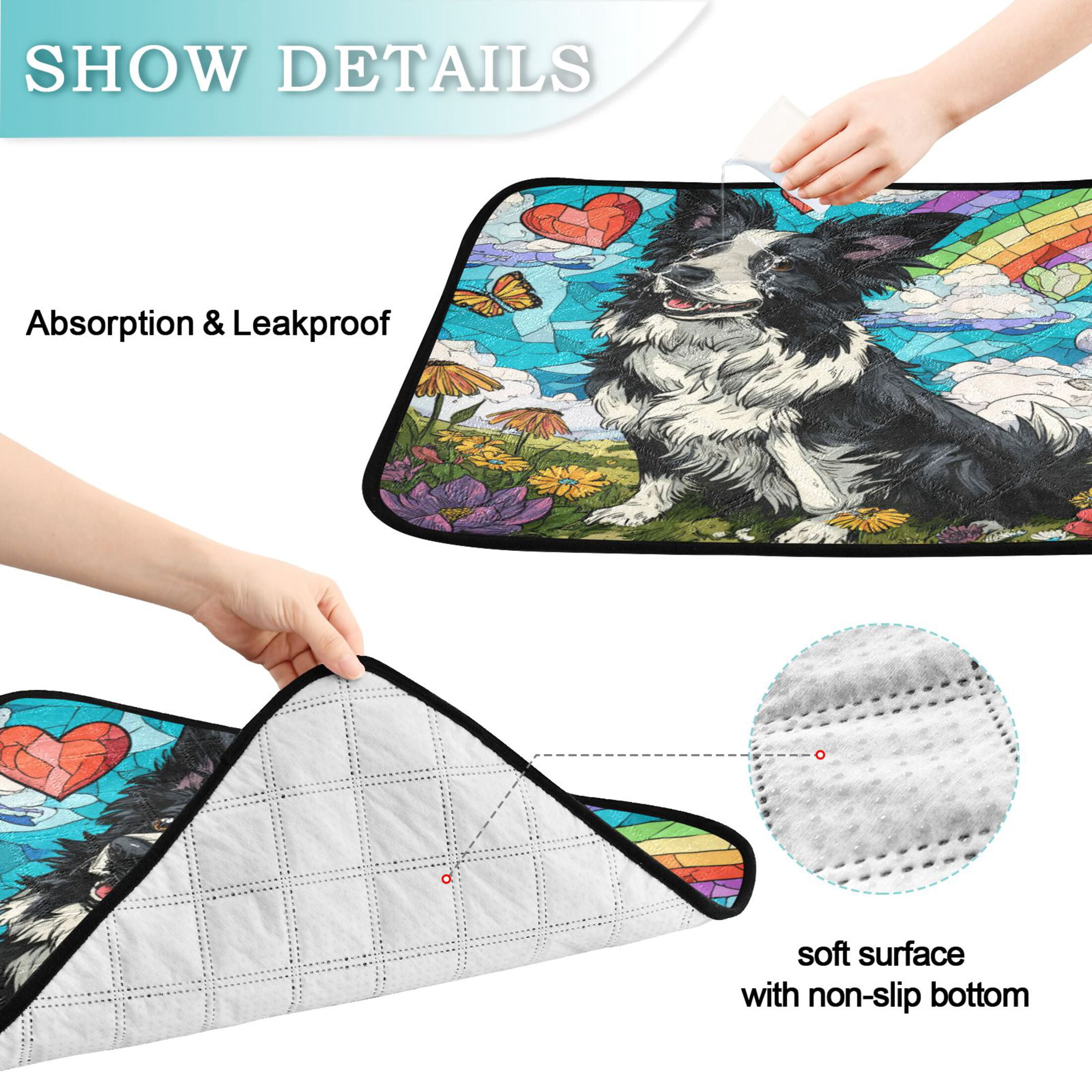 Qxltty Smiling Border Collie Cat litter Pads Pet Set of 2 Diaper Mats Center Anti-leakage Layer Absorbent Soft and Comfortable
