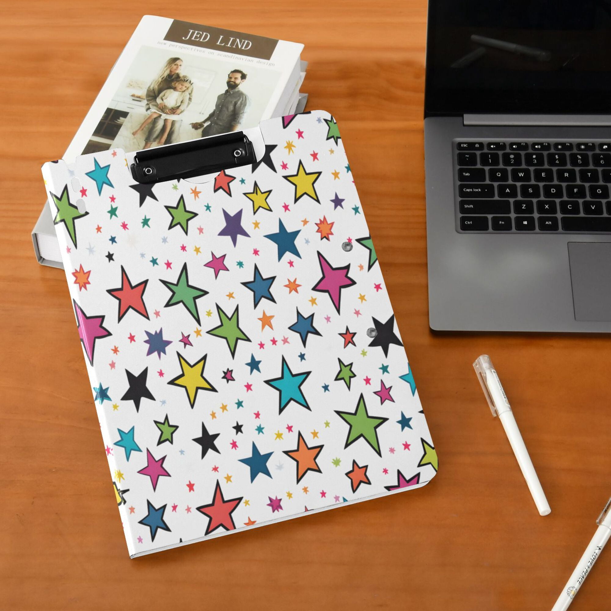 FORMRS A4 Clipboard Folder with Pen Holder Horizontal Foldable School Office Binder, Green Stars
