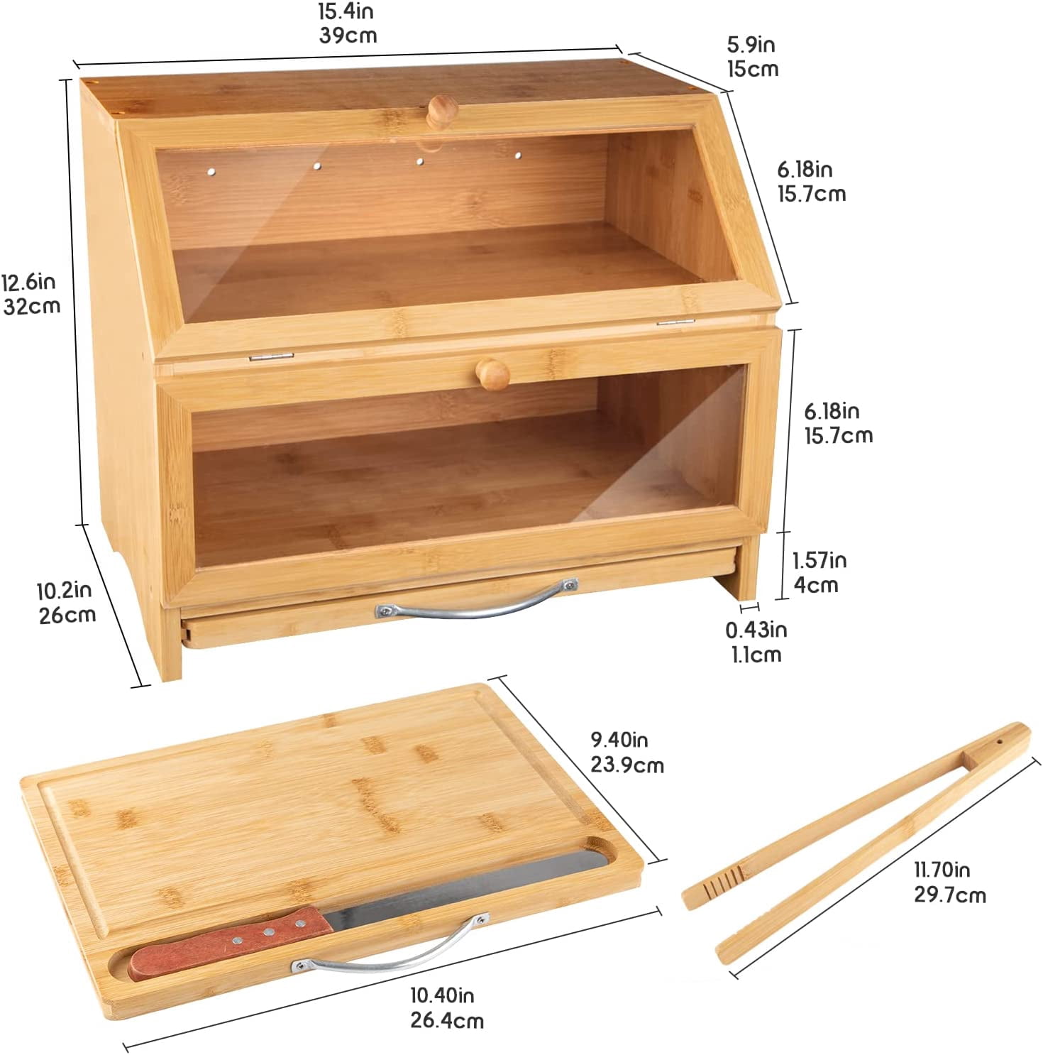 Double Layer Bamboo Bread Box for Kitchen Countertop, Cutting Board, and Stainless Steel Bread Knife, Large Capacity Storage Container with Clear Windows (Self-Assembly)