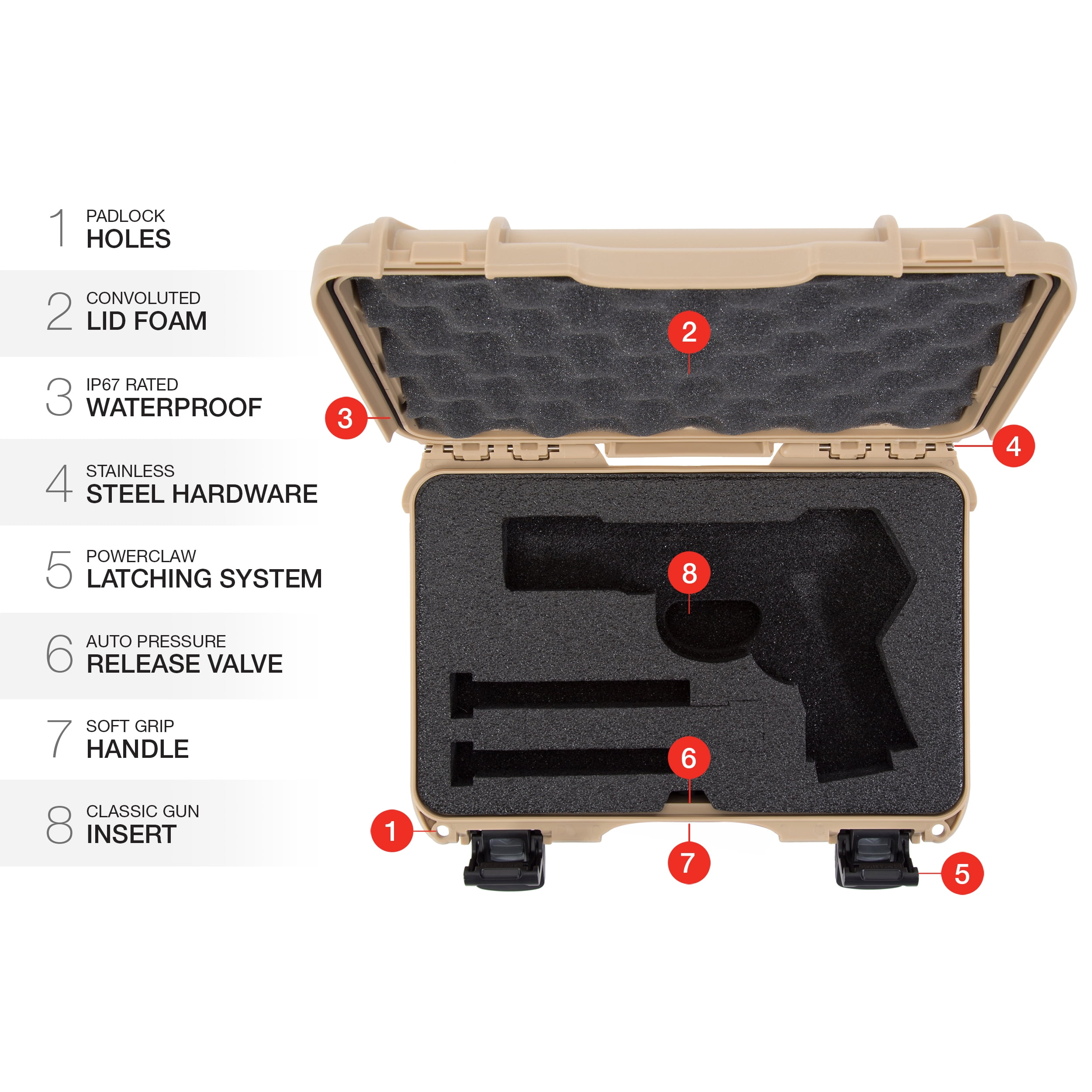 Nanuk 909 Waterproof Professional Classic Pistol/Gun Case, Military Approved with Custom Insert - Tan