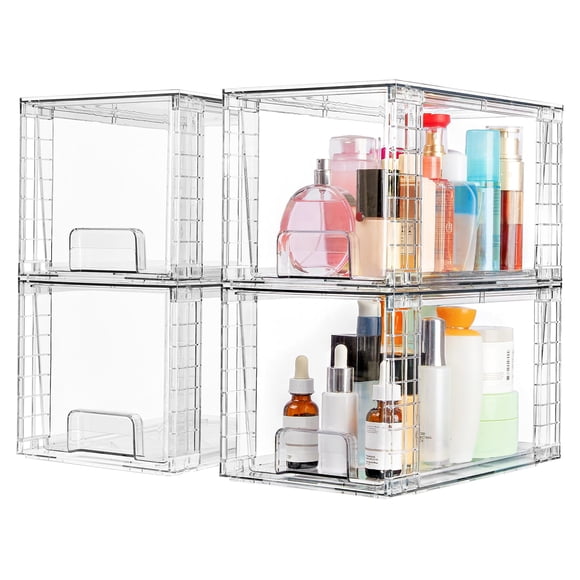 Vtopmart 4 Pack Large Stackable Storage Drawers,Clear Acrylic Drawer Organizers with Handles, Easily Assemble for Bathroom,Kitchen Undersink,Cabinet,