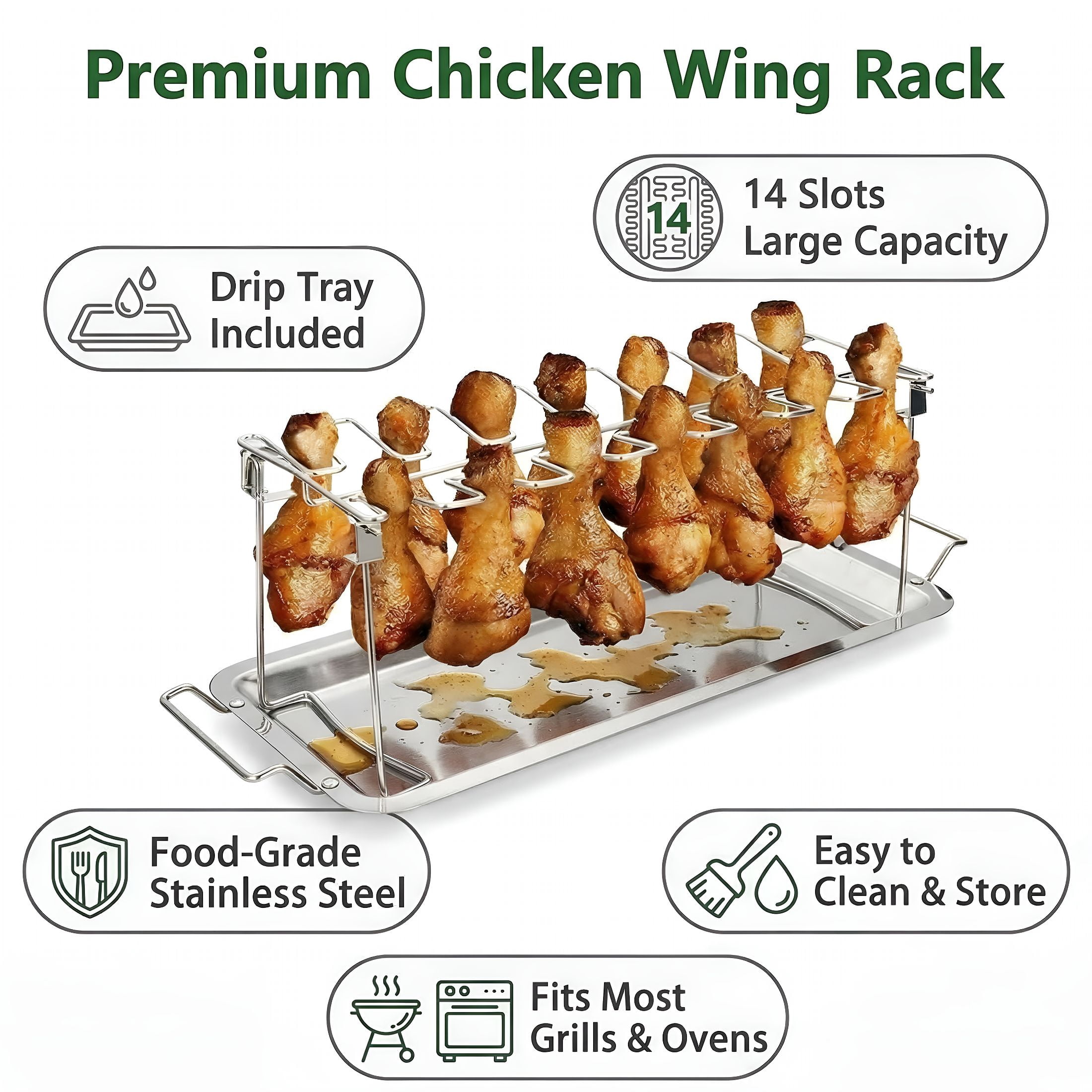 ACDANC Stainless Steel Cooking Roasting Rack with Drip Pan - 14-Slot Holder for Chicken Legs & Wings,for Smoker,Grill,Oven & Bbq
